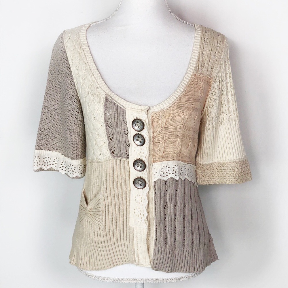 Anthropologie Patchwork Knit Sweater in Cream, Beige, Taupe
